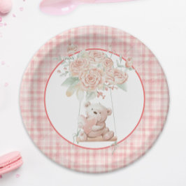 Prato de Papel Xadrez Rosa Urso Teddy Fofo