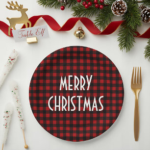 Prato De Papel Xadrez Russo Vermelho e Negro Buffalo Feliz Natal