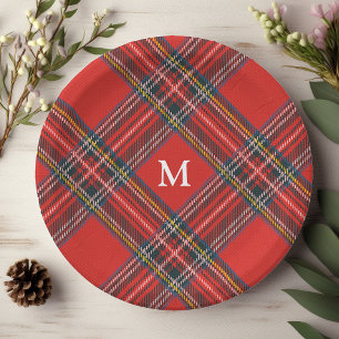 Prato De Papel Xadrez Tartan Vermelho Monograma de Natal