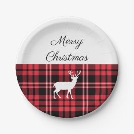 Prato De Papel Xadrez Tartan Vermelho Natal Veado Branco