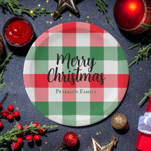 Prato De Papel Xadrez Verde Branco de Natal da Família e Vermelh