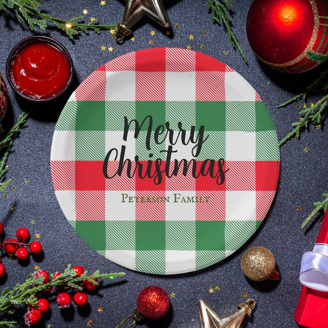 Prato De Papel Xadrez Verde Branco de Natal da Família e  Vermelh (Criador carregado)