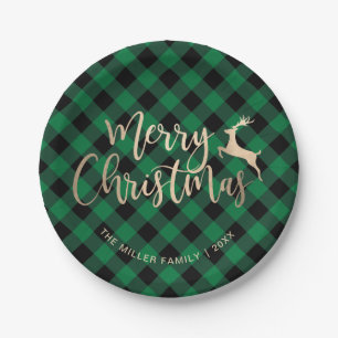 Prato De Papel Xadrez verde e preto de Natal Dourado elegante