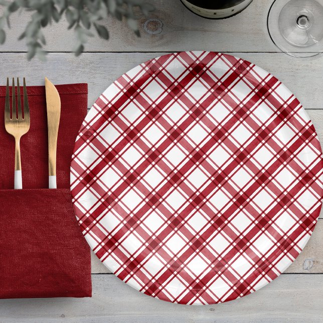 Prato De Papel Xadrez vermelha e branca (Red and White Plaid Paper Plates
)