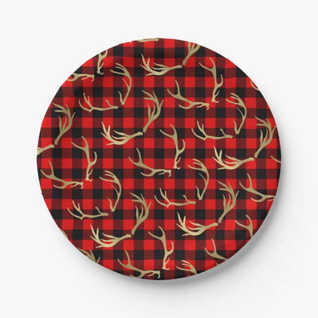 Prato De Papel Xadrez Vermelho e Preto de Búfalo e Chifres de Vea (Frente)