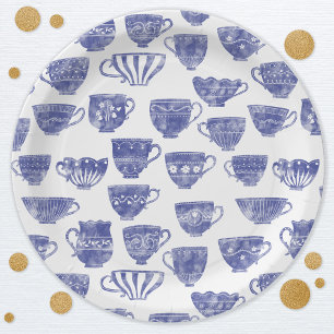 Prato De Papel Xícara de chá azul vintage em aquarela