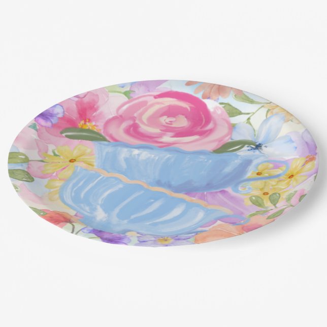 Prato De Papel Xícaras de Chá de Flores Bonitas (Inclinado)