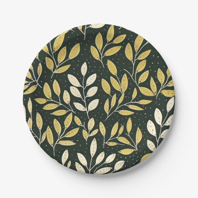 Prato De Papel Yellow and Cream Leafy Branches Pattern  (Frente)