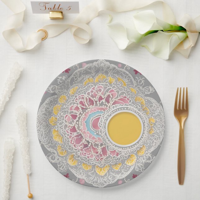 Prato De Papel Yellow and grey circle shapes AI art  (Casamento)