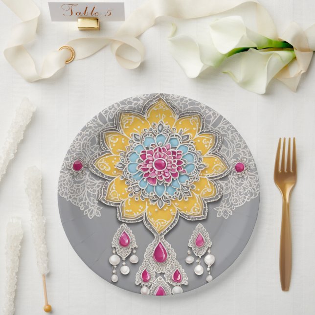 Prato De Papel Yellow and grey floral patterns AI art  (Casamento)