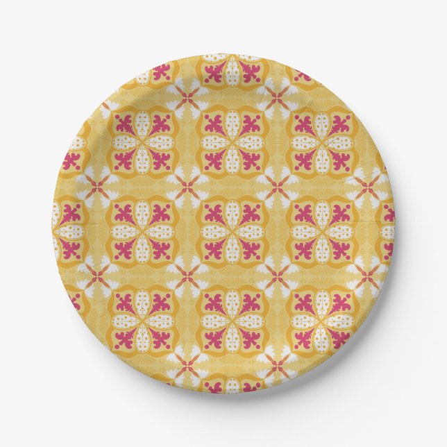 Prato De Papel yellow back & symmetrical pink floral pattern  (Frente)