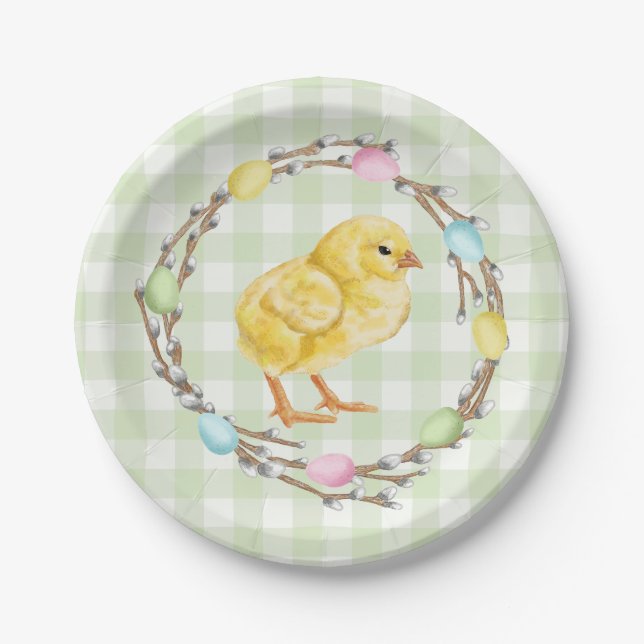 Prato De Papel Yellow Chick And Pastel Willow Wreath Easter (Frente)