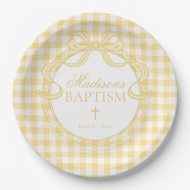Prato De Papel Yellow Gingham Coquette Bow Baptism (Frente)