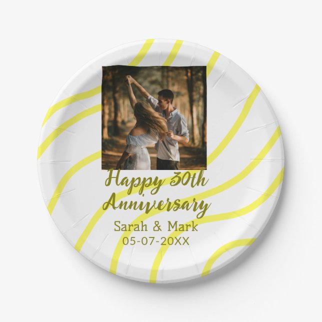 Prato De Papel Yellow golden photo 30th wedding anniversary name  (Frente)