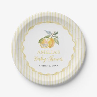 Prato De Papel Yellow Lemon Citrus Stripes Baby Shower