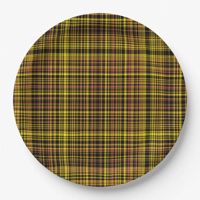 Prato De Papel Yellow Orange Black Plaid Pattern (Frente)