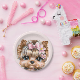 Prato De Papel Yorkie bonito com um Arco rosa