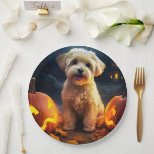 Prato De Papel Yorkipoo do Halloween Com Pumpkins Assustado