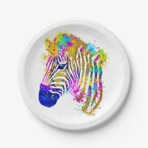 Prato De Papel Zebra Gráfica com Salpicos de Tinta Aquarela Arco-