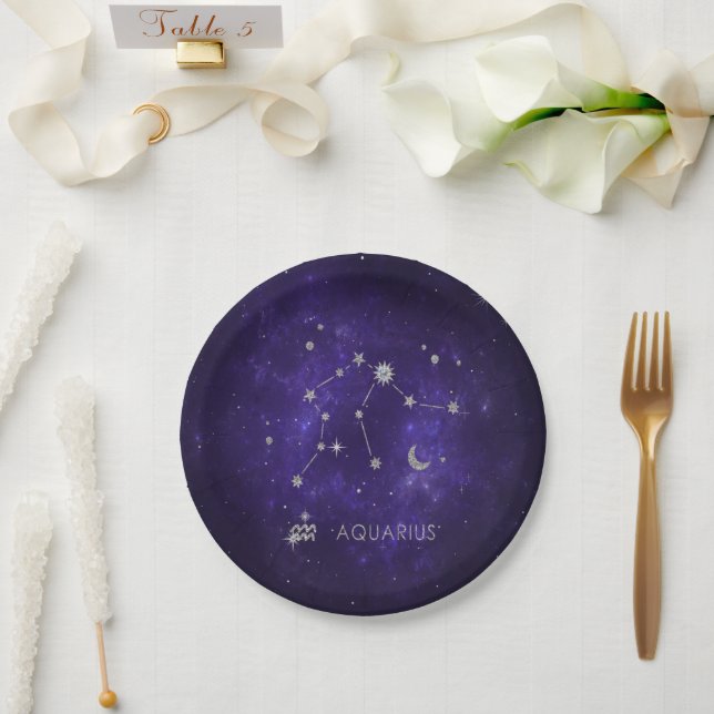 Prato De Papel Zodiac Purple Aquarius | Astrologia Horóscopo (Casamento)