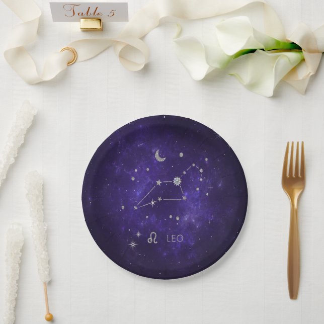 Prato De Papel Zodiac Purple Leo | Astrologia Cósmica Horoscópio (Casamento)