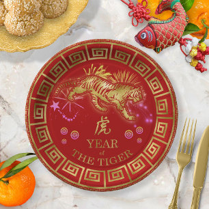 Prato De Papel Zodiac Tiger Red/Dourado ID542 chinês