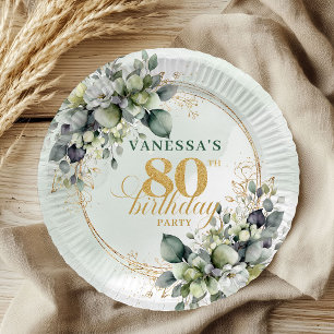 Pratos Boho Aquarela Verde Dourado para 80º Aniver