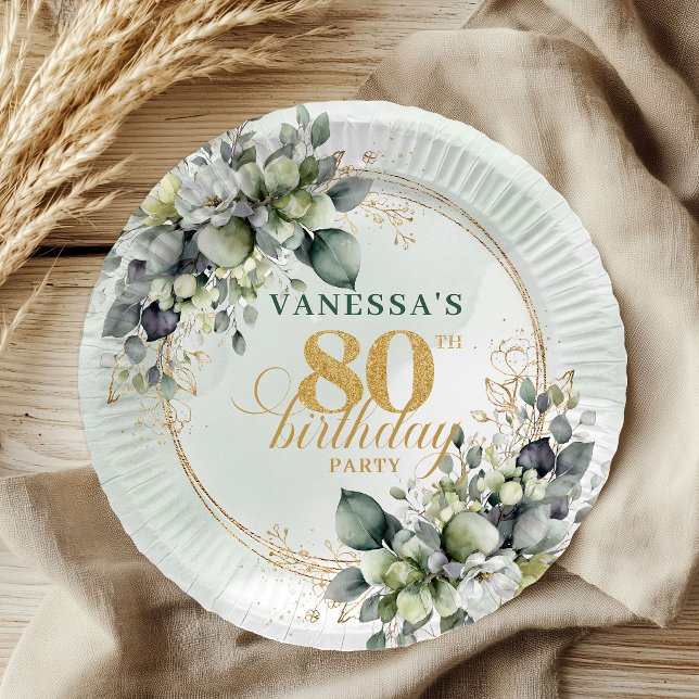 Pratos Boho Aquarela Verde Dourado para 80º Aniver (Boho Watercolor Green Gold 80th Birthday Plates)