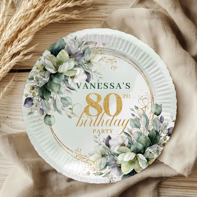 Pratos Boho Botânico Verde Branco de 80 Anos (Boho Botanical Green White 80th Birthday Plates)