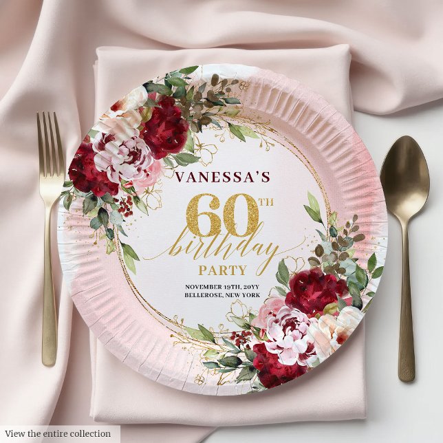 Pratos Clássicos de Aniversário de 60 anos Bege Bo (Classic Burgundy Blush Floral 60th Birthday Plates)