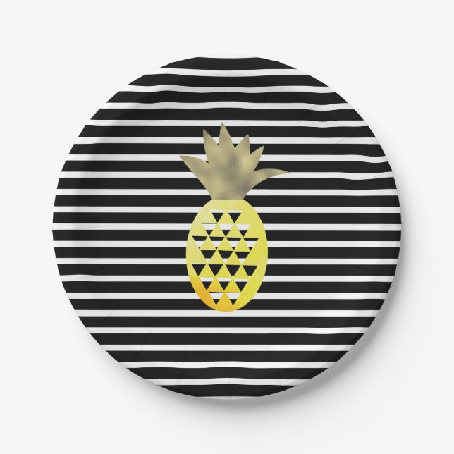 Pratos de Abacaxi Tropical Dourado com Listras em  (Frente)