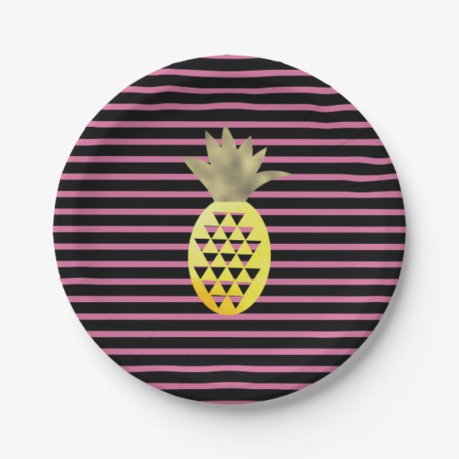 Pratos de Abacaxi Tropical Dourado com Listras em  (Frente)