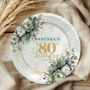 Pratos de Aniversário de 80 Anos Folhagem Aquarela