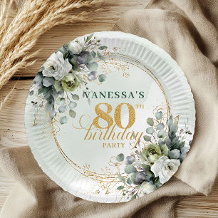Pratos de Aniversário de 80 Anos Folhagem Aquarela