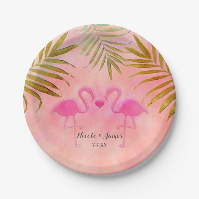 Pratos de casamento de praia com dois flamingos ro (Frente)