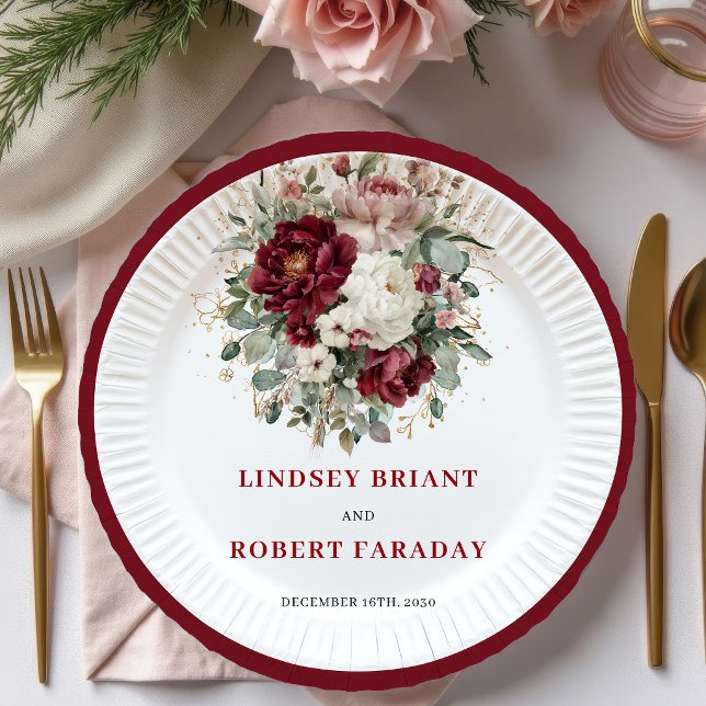 Pratos de casamento dourados com floral verde chic (Chic Marsala Floral Greenery Gold Wedding Plates)