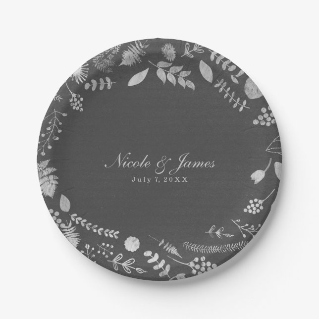 Pratos de casamento florais em cinza carvão e prat (Frente)