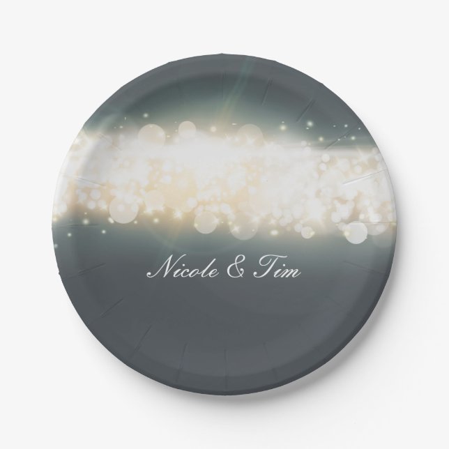 Pratos de casamento Grey Sparkle Lights Sky Blast (Frente)