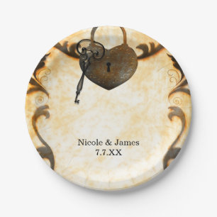 Pratos de casamento vintage antigo Heart Lock & Ke