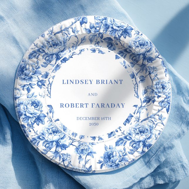 Pratos de celebração de casamento de rosas em toil (Dusty blue toile roses wedding celebration paper plates

)