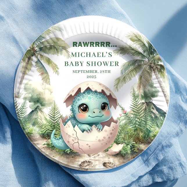 Pratos de Chá de Bebê de Ovo de Dinossauro Fofo qu (Cute Dino Egg Baby Shower Hatching Soon Plates)