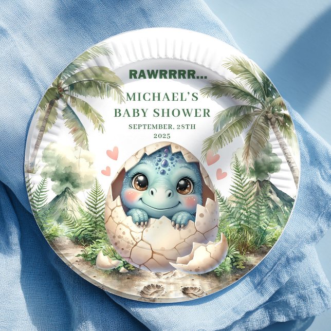 Pratos de Chá de Bebê Dinossauro Caprichoso Eclodi (Whimsical Dino Baby Shower Hatching Soon Plates)