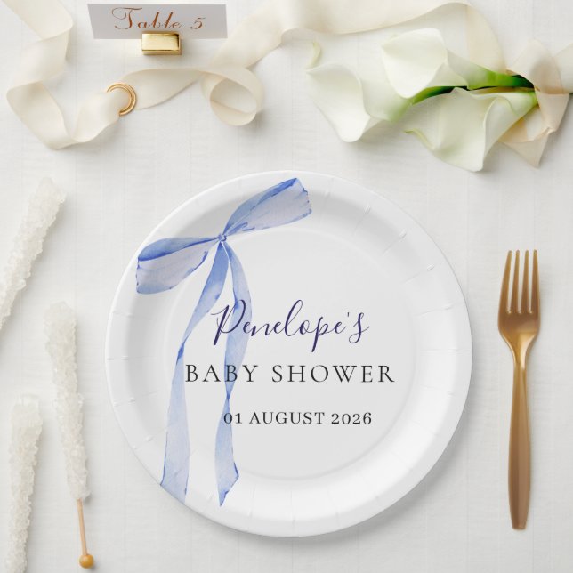 Pratos de Chuveiro de Bebê Laço Azul Elegante  (Casamento)