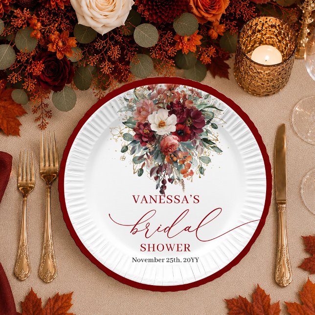 Pratos de chuveiro de noiva com folhagem floral do (Burgundy Gold Floral greenery bridal shower plates

)
