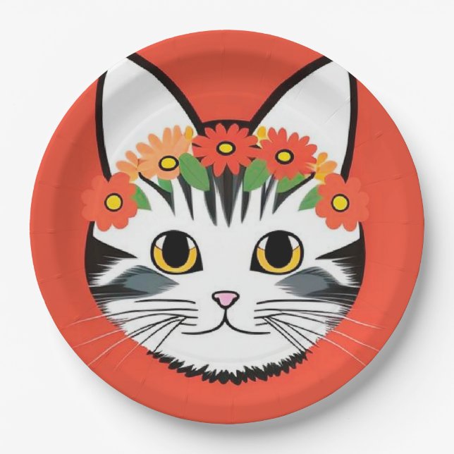 🐱 Pratos de festa com gráfico de gato brincalhão  (Frente)