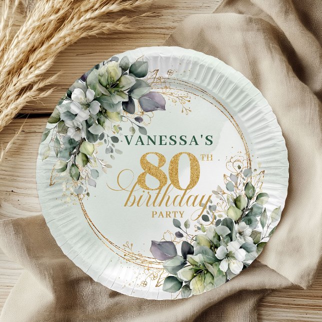 Pratos de festa de 80 anos Botanical Greenery Gold (Botanical Greenery Gold 80th Birthday Party Plates)
