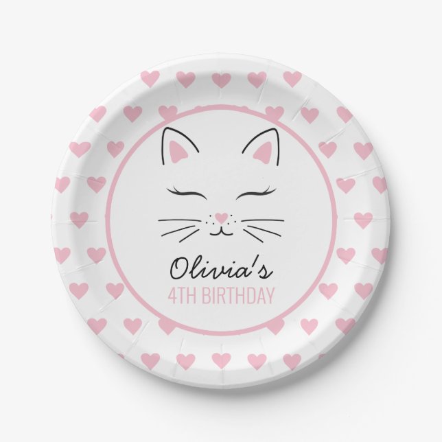 Pratos de festa de aniversário de gatinho com cora (Frente)