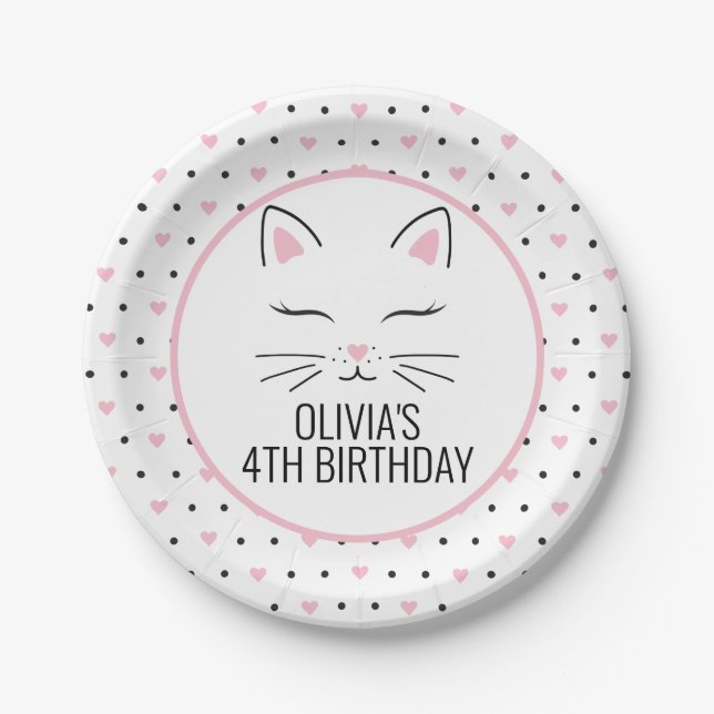 Pratos de festa de aniversário de gatinho com cora (Frente)