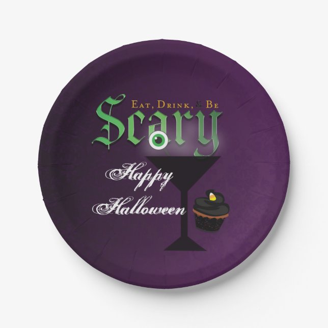 Pratos de festa de Halloween Roxo Assustador Coma  (Frente)