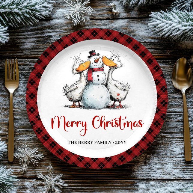 Pratos de festa de Natal com patos engraçados e ex (Christmas Quirky Silly Geese Humor Party Plates)